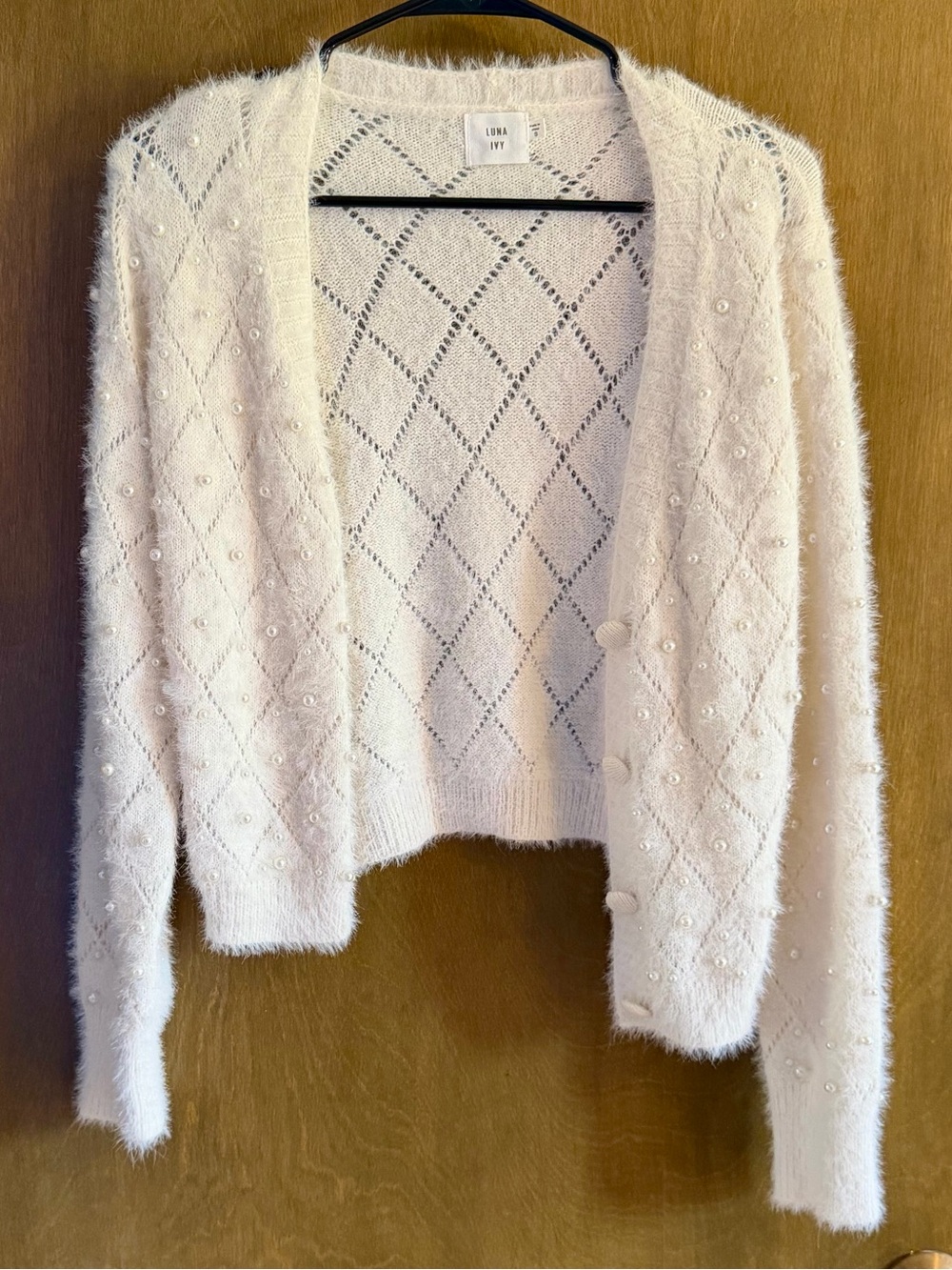 Luna Ivy Cream Pearl-Embellished Fuzzy Open Cardigan